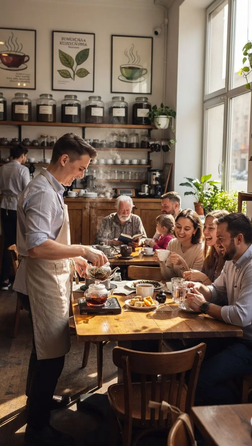 Stilinga arbatos servizė su garuojančiu arbatos puodeliu, reprezentuojanti malonumą ir kasdienės rutinos ritualą.