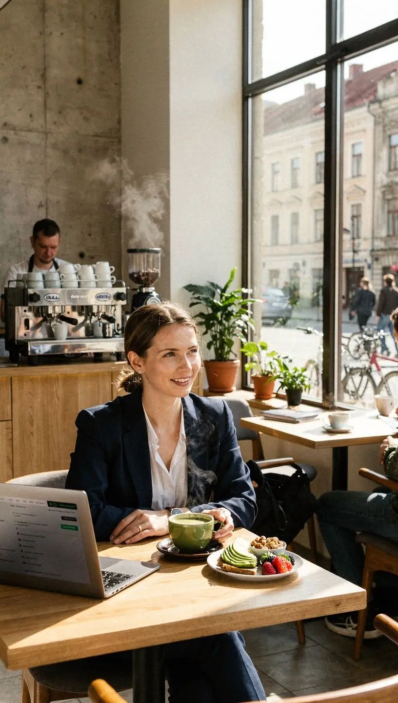 Arbatos puodelis ant medinio stalo šalia užrašų knygelės ir akinių, simbolizuojantis ramybės akimirką.
